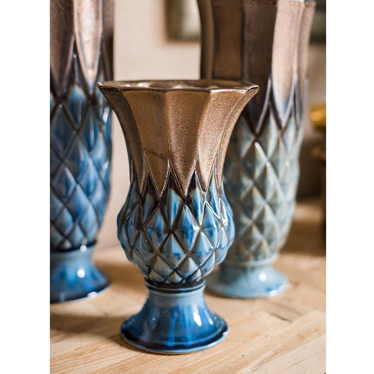 Blue Gold Grid Pattern Glazed Ceramic Vase Collection