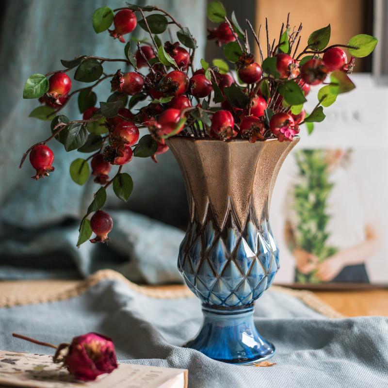 Blue Gold Grid Pattern Glazed Ceramic Vase Collection