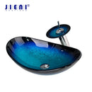 GobekUsa Blue Tempered Glass Basin Sink Set with Faucet for Bathroom Counter Top