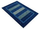 Blue, Gray and Silver Stripes design Hand loom Tribal Gabbeh Traditional 4.6x7 Wool Area Rug by The Rug Decor