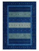 Blue, Gray and Silver Stripes design Hand loom Tribal Gabbeh Traditional 4.6x7 Wool Area Rug by The Rug Decor