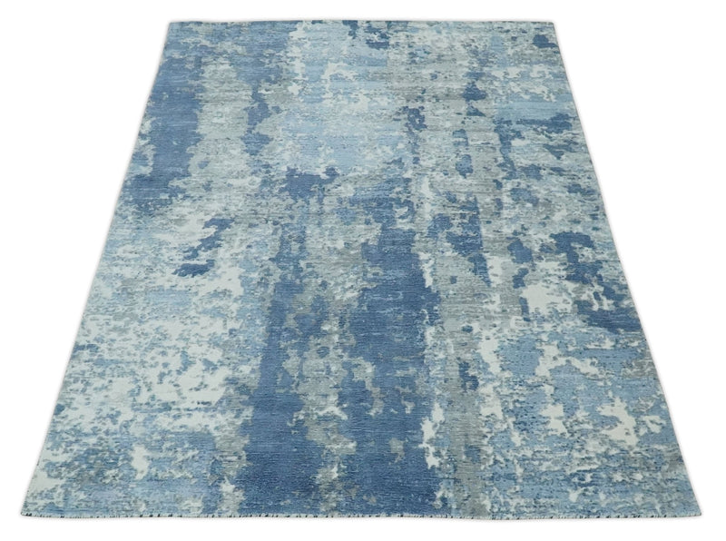 Blue, Ivory and Gray Modern Abstract 6x9 Hand Loomed Blended wool and Art silk Area Rug