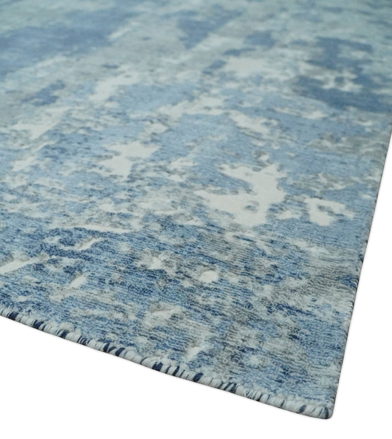Blue, Ivory and Gray Modern Abstract 6x9 Hand Loomed Blended wool and Art silk Area Rug