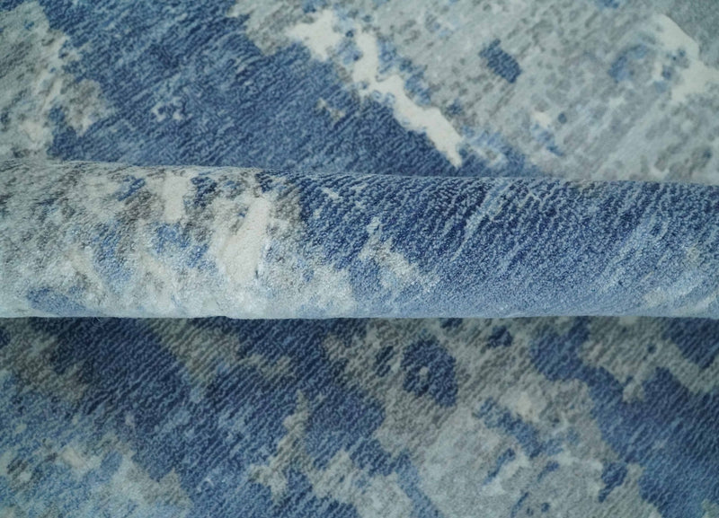 Blue, Ivory and Gray Modern Abstract 6x9 Hand Loomed Blended wool and Art silk Area Rug