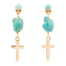 Blue Turquoise On The Cross Golden Post Earrings