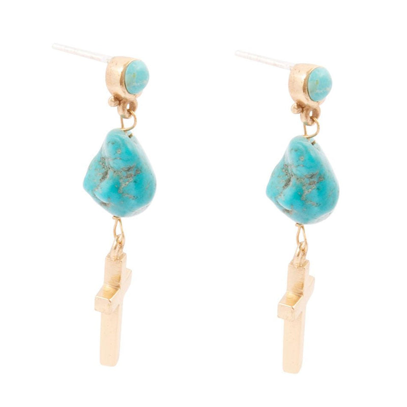 Blue Turquoise On The Cross Golden Post Earrings