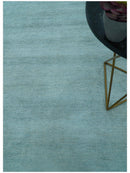 Blue Modern Solid Low Pile Hand Knotted 10x14 Bamboo Silk Area Rug