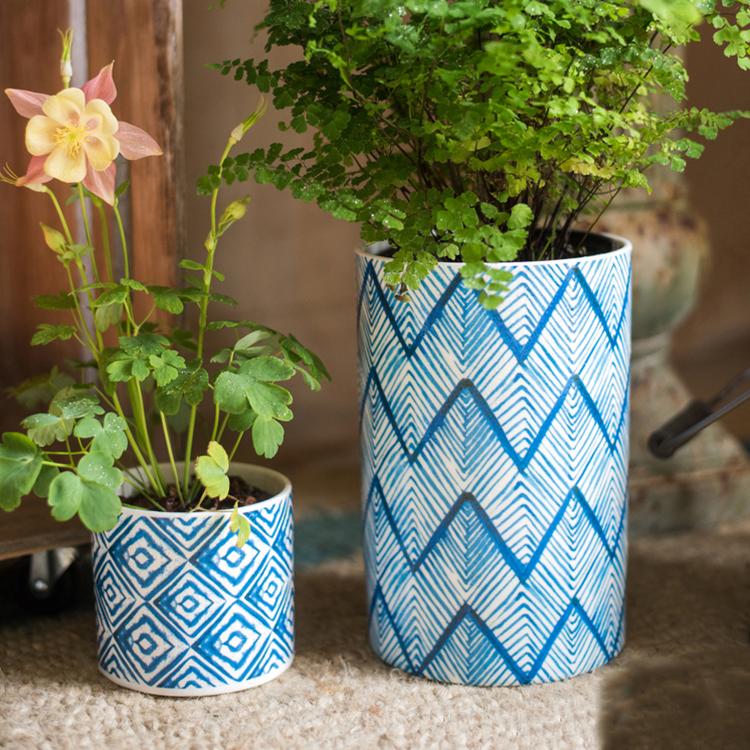 Blue Print Ceramic Vase Planter in Various Patterns