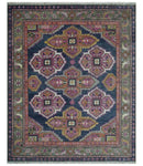 Blue, Purple and Green hand knotted Traditional Heriz Serapi Wool Area Rug