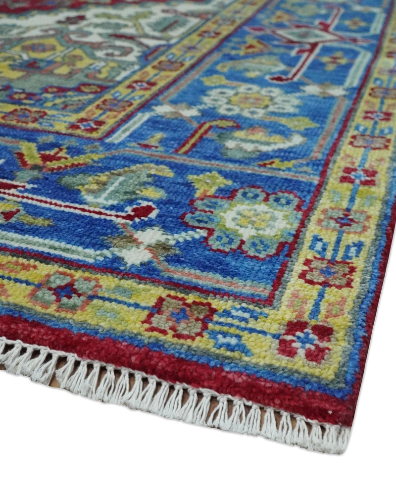 Blue, Maroon and Gold Hand Knotted Traditional Heriz Serapi Multi size Wool Area Rug