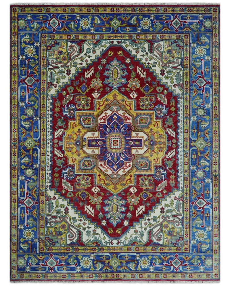 Blue, Maroon and Gold Hand Knotted Traditional Heriz Serapi Multi size Wool Area Rug