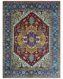 Blue, Maroon and Gold Hand Knotted Traditional Heriz Serapi Multi size Wool Area Rug