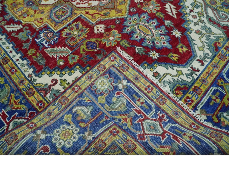 Blue, Maroon and Gold Hand Knotted Traditional Heriz Serapi Multi size Wool Area Rug