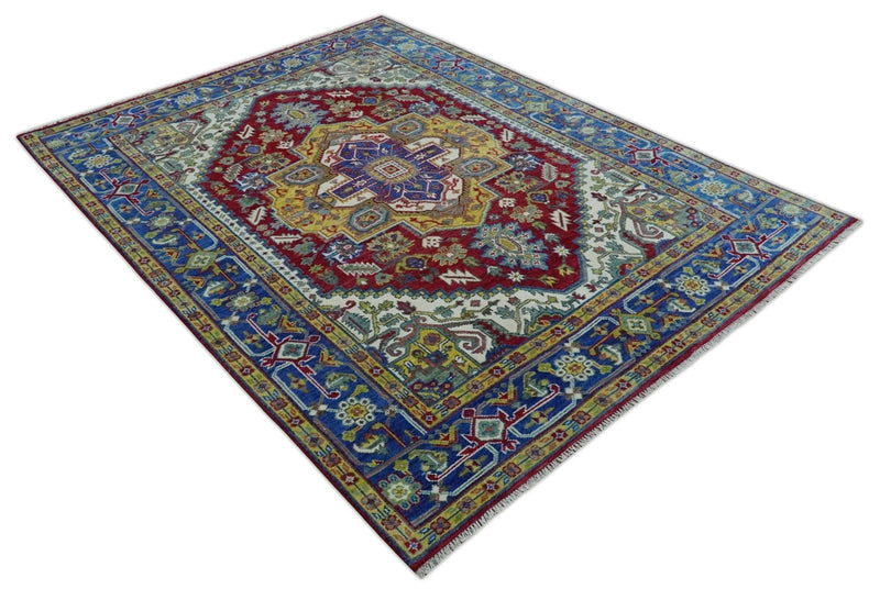 Blue, Maroon and Gold Hand Knotted Traditional Heriz Serapi Multi size Wool Area Rug