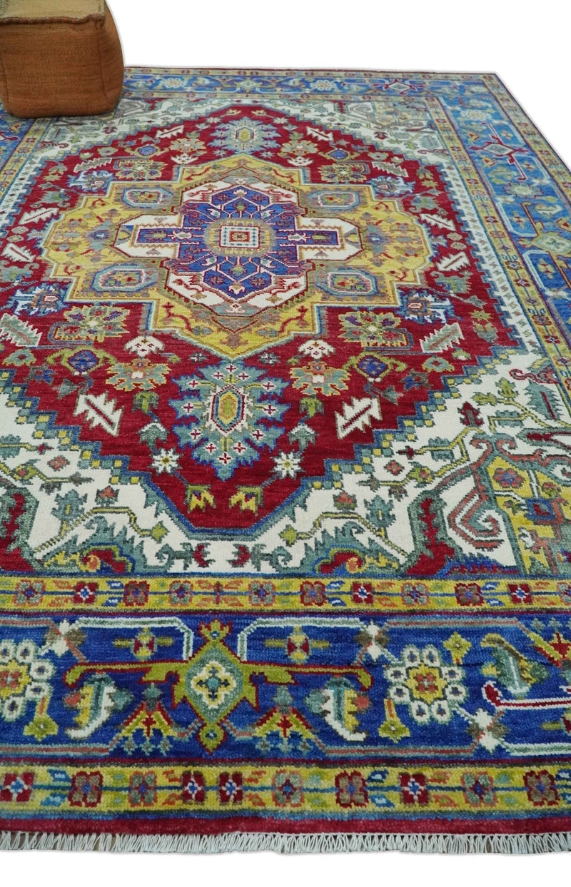 Blue, Maroon and Gold Hand Knotted Traditional Heriz Serapi Multi size Wool Area Rug