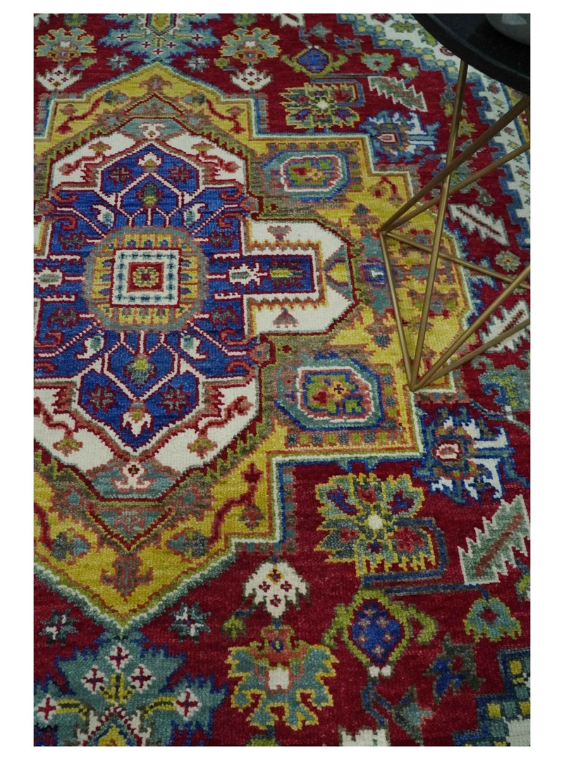 Blue, Maroon and Gold Hand Knotted Traditional Heriz Serapi Multi size Wool Area Rug