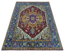 Blue, Maroon and Gold Hand Knotted Traditional Heriz Serapi Multi size Wool Area Rug