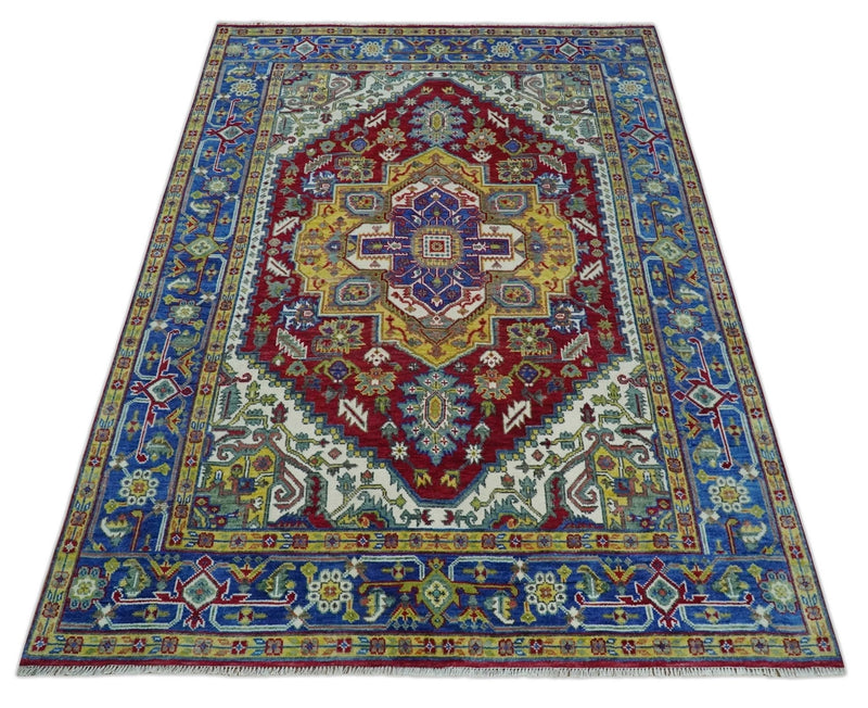 Blue, Maroon and Gold Hand Knotted Traditional Heriz Serapi Multi size Wool Area Rug