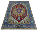 Blue, Maroon and Gold Hand Knotted Antique 9x12 Traditional Wool Rug by The Rug Decor