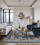 Wool Oushak Area Rug Blue Silver Beige - Traditional Hand Knotted