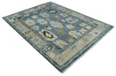Wool Oushak Area Rug Blue Silver Beige - Traditional Hand Knotted