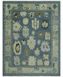 Wool Oushak Area Rug Blue Silver Beige - Traditional Hand Knotted