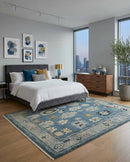 Wool Oushak Area Rug Blue Silver Beige - Traditional Hand Knotted