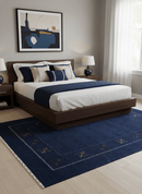 Blue Tribal Border Design Hand Loomed Wool Area Rug
