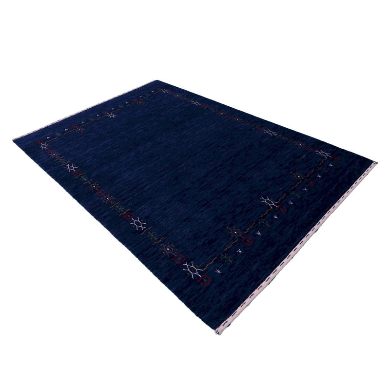 Blue Tribal Border Design Hand Loomed Wool Area Rug