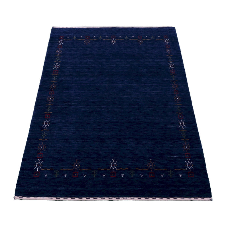 Blue Tribal Border Design Hand Loomed Wool Area Rug