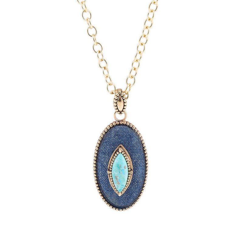 Stacked Blue Turquoise and Denim Golden Pendant Necklace