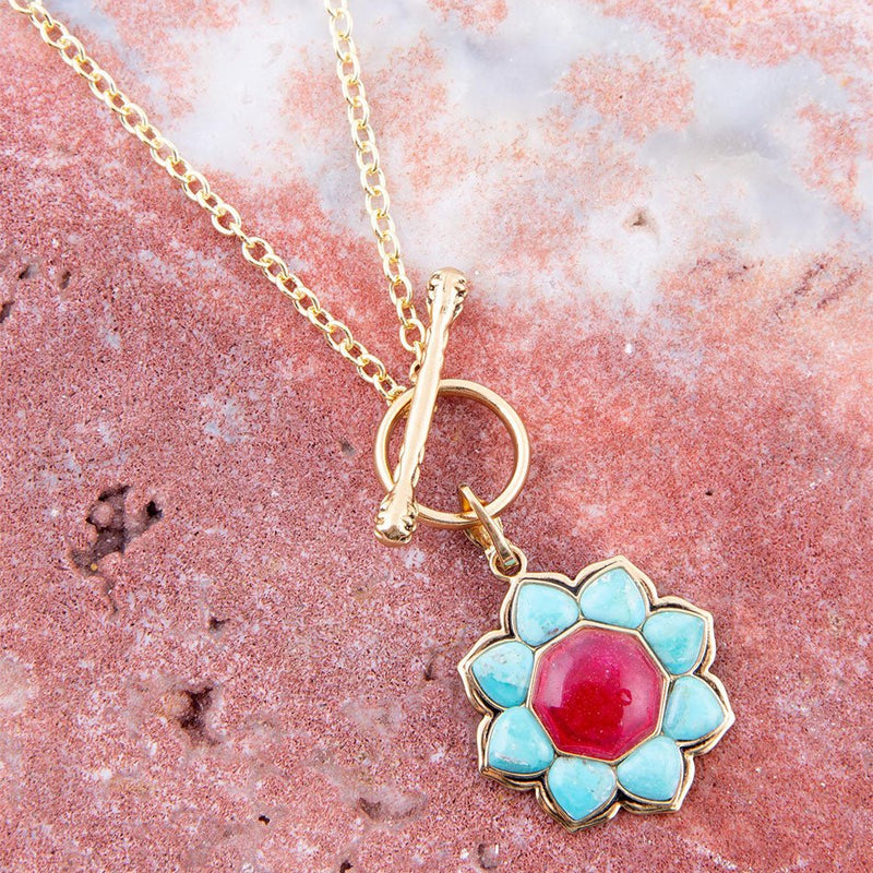 Blue Turquoise and Red Quartz Golden Chain Necklace