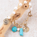 Blue Turquoise and White Pearl Multi Charm Golden Bracelet