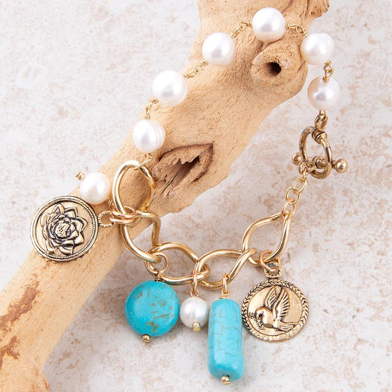 Blue Turquoise and White Pearl Multi Charm Golden Bracelet