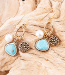 Blue Turquoise and White Pearl Multi Charm Golden Charm Earrings