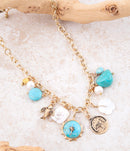 Blue Turquoise and White Pearl Multi Charm Golden Necklace
