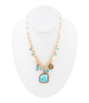 Blue Turquoise and White Pearl Multi Pendant Golden Necklace