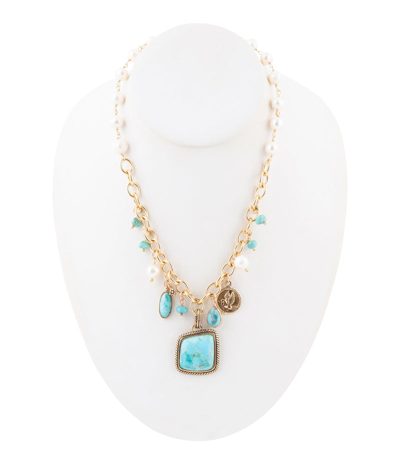 Blue Turquoise and White Pearl Multi Pendant Golden Necklace