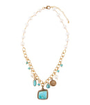 Blue Turquoise and White Pearl Multi Pendant Golden Necklace