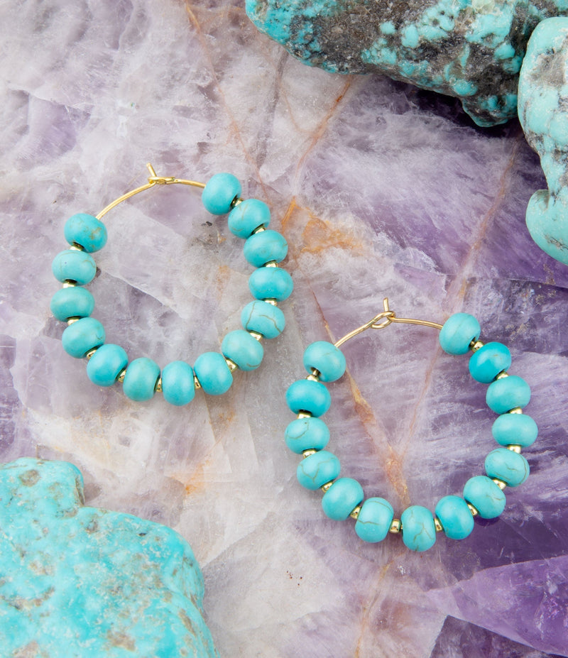 Blue Turquoise Magnesite Golden Hoop Earrings
