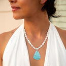 Blue Turquoise Pendant and White Pearl Sterling Silver Necklace