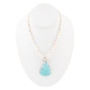 Blue Turquoise Pendant and White Pearl Sterling Silver Necklace