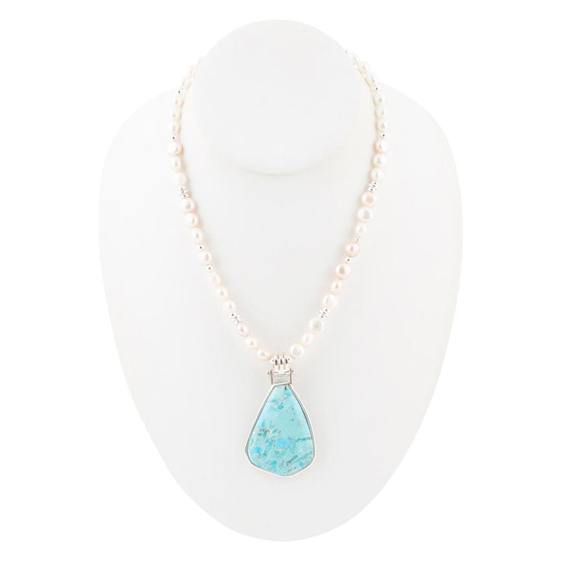 Blue Turquoise Pendant and White Pearl Sterling Silver Necklace