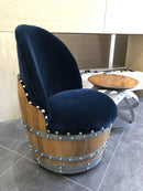 Whiskey & Wine Barrel Reading Chair — Hidden Storage, Blue Velvet Upholstery