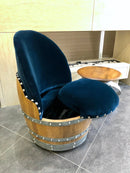Whiskey & Wine Barrel Reading Chair — Hidden Storage, Blue Velvet Upholstery
