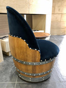Whiskey & Wine Barrel Reading Chair — Hidden Storage, Blue Velvet Upholstery