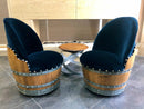 Whiskey & Wine Barrel Reading Chair — Hidden Storage, Blue Velvet Upholstery