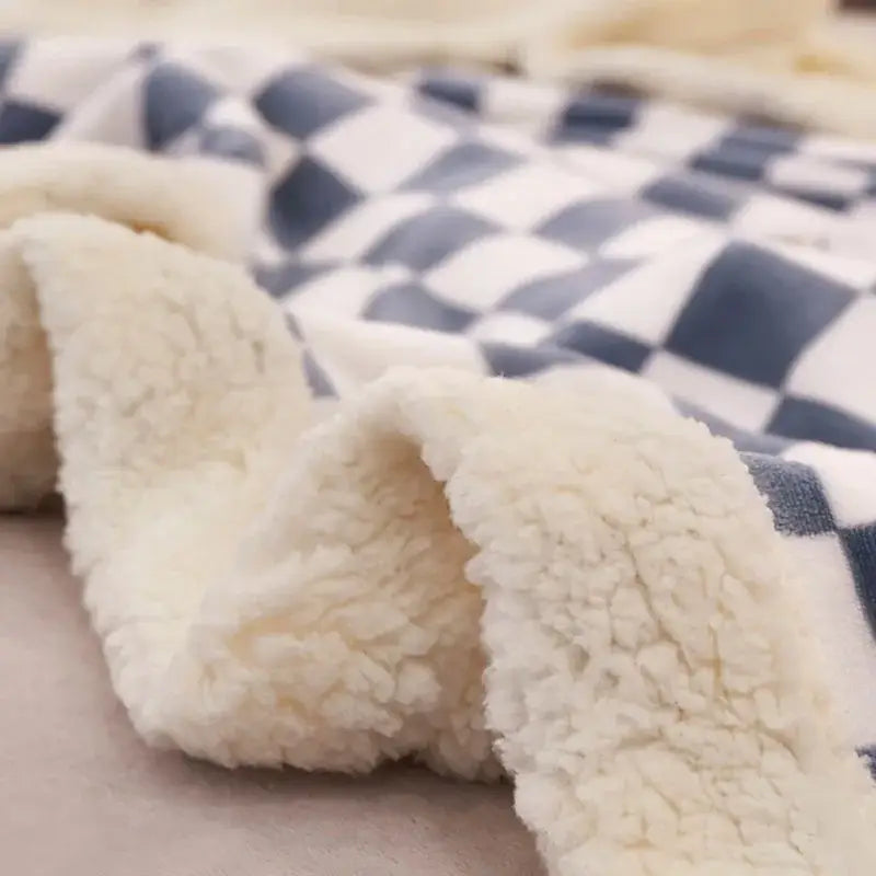 GobekUsa Double Layer Lamb Wool Checkered Blanket - Nordic Style Warm Bedspread, photo 6 of 11