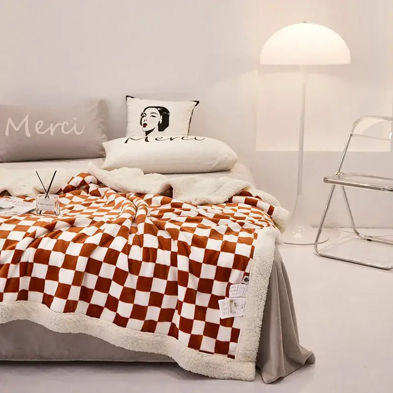 GobekUsa Double Layer Lamb Wool Checkered Blanket - Nordic Style Warm Bedspread, photo 11 of 11