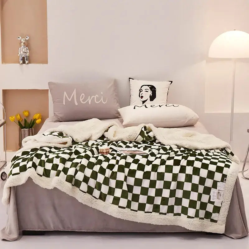GobekUsa Double Layer Lamb Wool Checkered Blanket - Nordic Style Warm Bedspread, photo 8 of 11